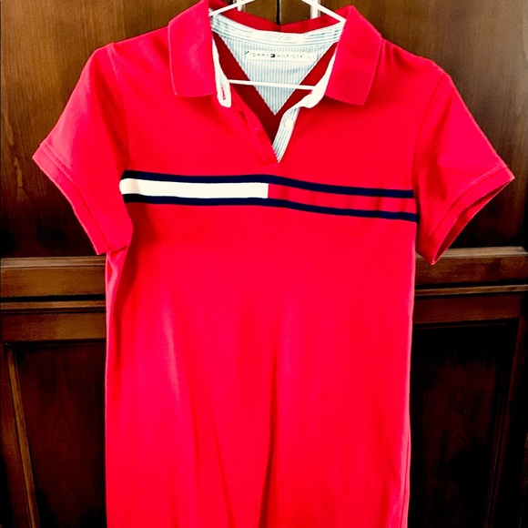 Tommy Hilfiger red cotton T-shirt dress at knee logo color blocks over chest - Picture 8 of 11